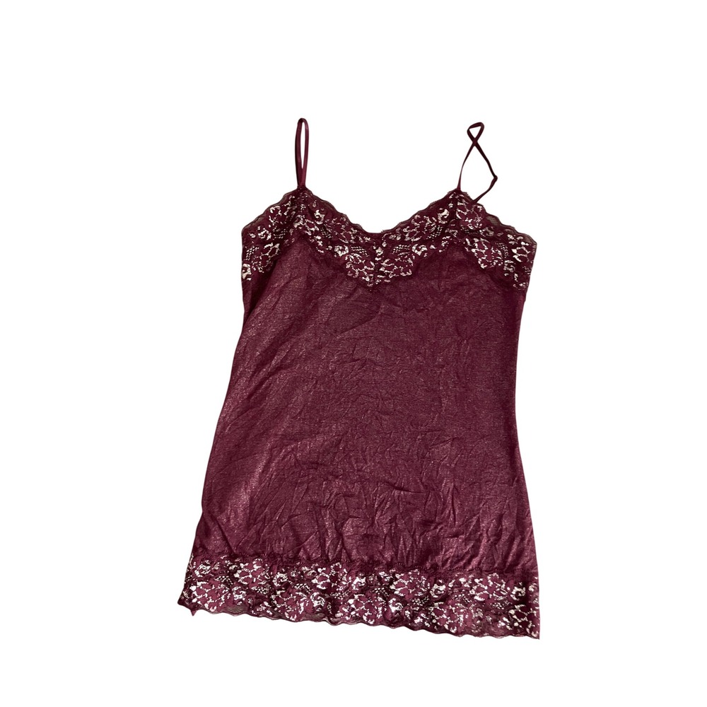 Y2K  L Burgundy Metallic Lace Trim Camisole Fairy Whimsigoth Layering Spaghetti